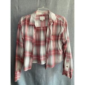 American Eagle Cropped Flannel Shirt Pink Grey Plaid Button Down Size Medium